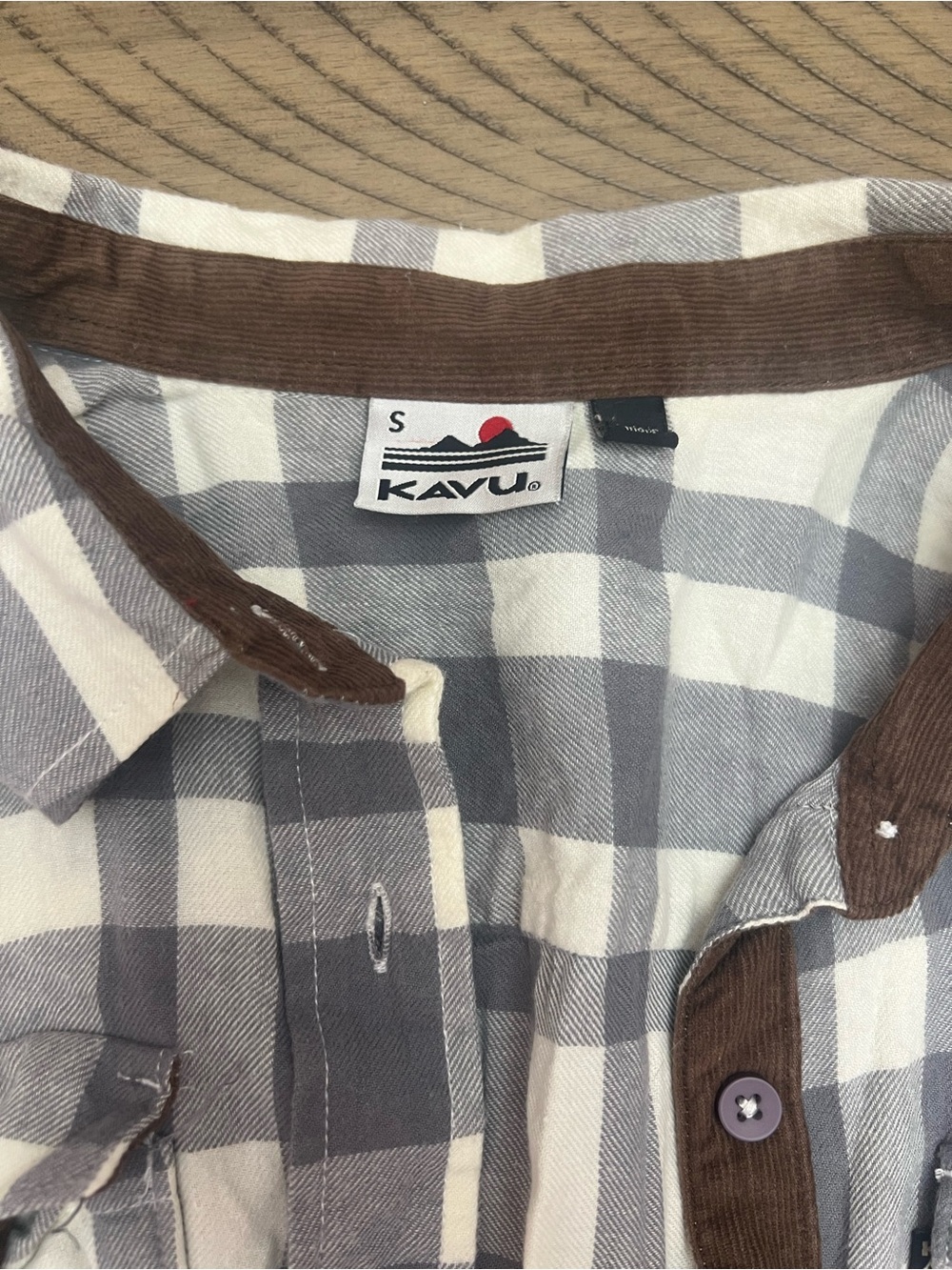 Kavu Gray & White Plaid Button-Down Shirt Dress with Brown Trim